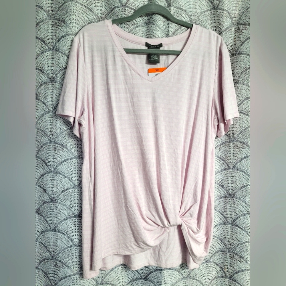 Matty M Petal Pink Striped V Neck Twist Front Tee Plus Size XXL